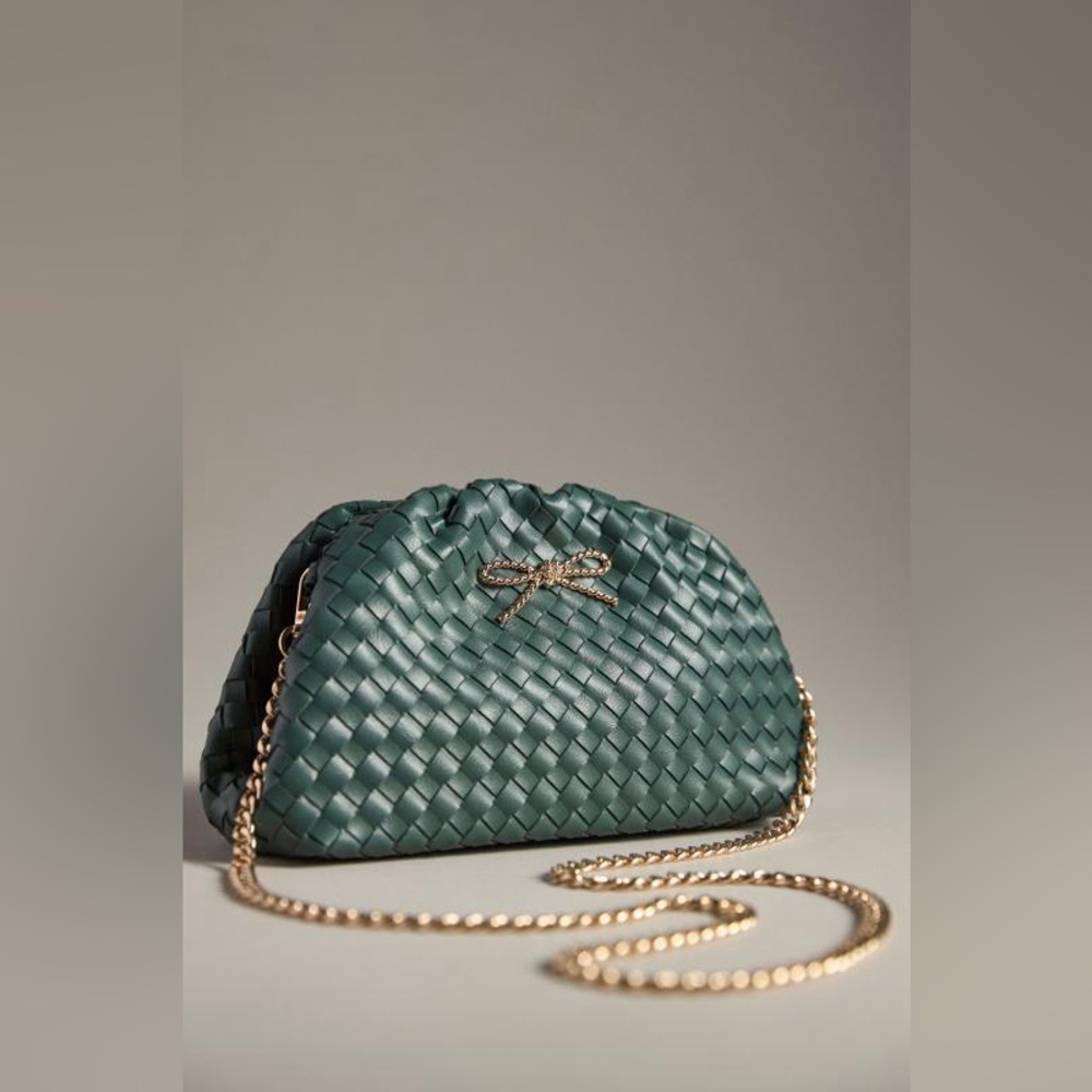 NWT new Anthropologie Frankie mini clutch woven bow green crossbody bag chain